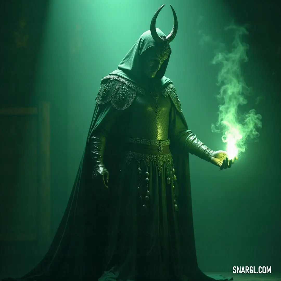 A vivid figure adorned in elaborate costumes raises a radiant green sphere of fire, casting a magical glow that dances with colors and life, drawing attention to the wonders of imagination. Dressed in vibrant attire, a charismatic figure holds a glowing green sphere of fire, which illuminates their surroundings, creating an enchanting interplay of color and light that captivates the viewer's gaze and imagination.