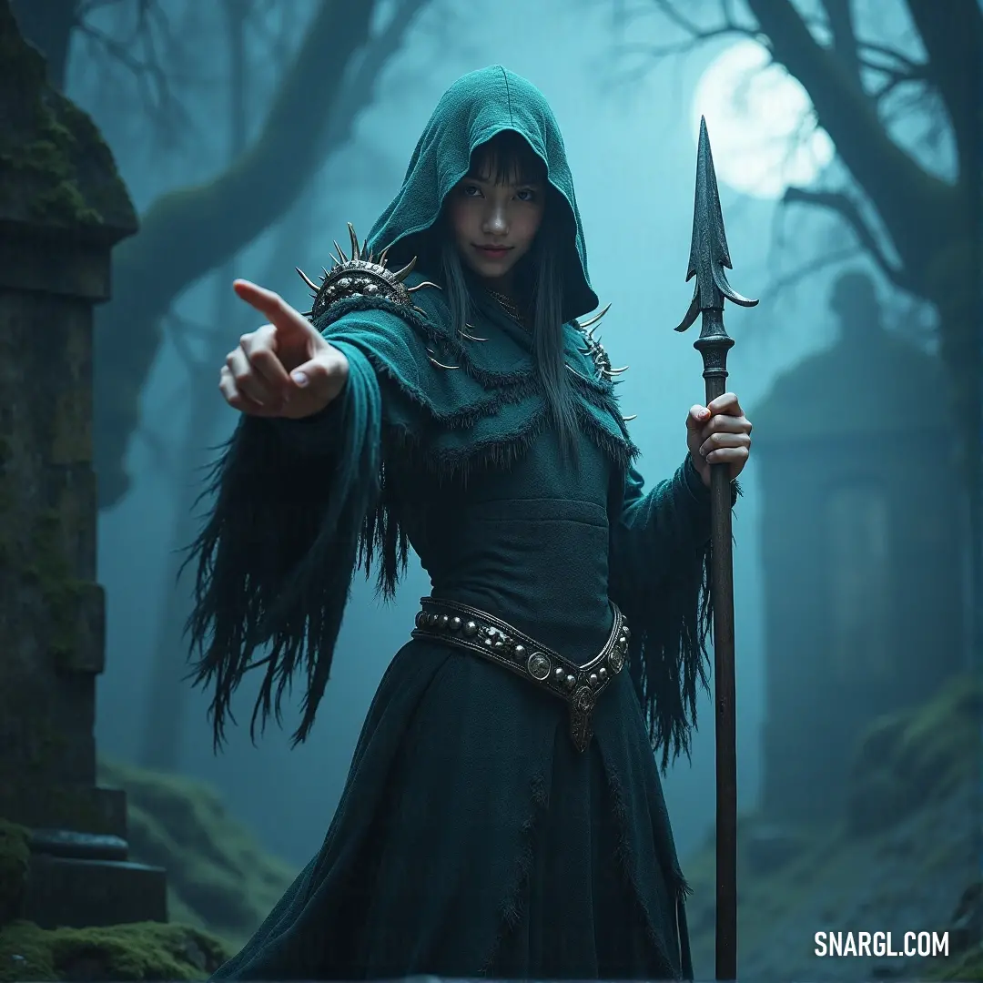 Ambrose in a green outfit, holding a sceptula and pointing toward the distance. Ambrose, dressed in a deep green outfit, holds a sceptula with confidence while pointing toward the horizon, as if guiding others to an unseen destination, his stance strong and purpose-driven.