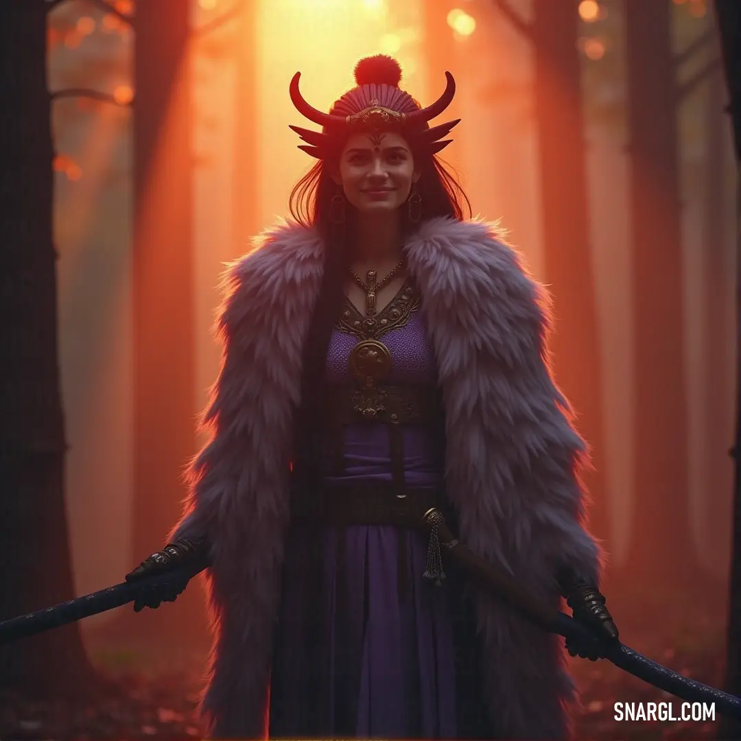 Ame-no-Koyane, donned in an intricate horned costume, holding a sword as she stands bravely in the heart of an ancient forest. Ame-no-Koyane stands tall in an elaborate costume with horns and a horned headdress, her hand gripping a sword, as she confidently faces the dark forest surrounding her.