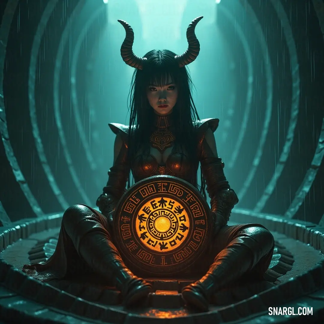 Ame-no-Koyane on the floor, a clock in hand and a demon figure perched on her chest, surrounded by an aura of mysticism and power. A dramatic scene of Ame-no-Koyane lying on the floor, clutching a clock in her hand, with a demon figure looming over her chest. Her eyes convey a deep sense of mystery and power.