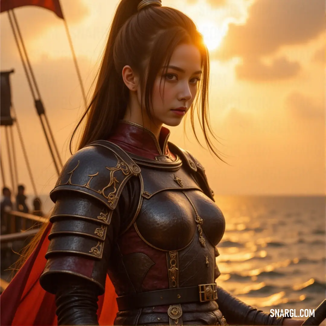 Ame-no-Sagiri, sword in hand, stands resolute on a boat as the horizon glows with the colors of sunrise or sunset, embodying strength and grace amidst the sea. Ame-no-Sagiri, standing boldly on a boat amidst the calm ocean waters, holds a sword aloft as the sun rises or sets, casting a golden glow across the scene, ready for the journey ahead.