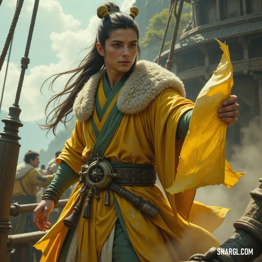 Ame-no-Tajikarao in a striking yellow outfit, poised with a fluttering yellow scarf against a tranquil backdrop. Ame-no-Tajikarao, adorned in a vibrant yellow outfit, elegantly holds a flowing yellow scarf that dances in the wind as she stands poised in a serene landscape, embodying grace and strength.
