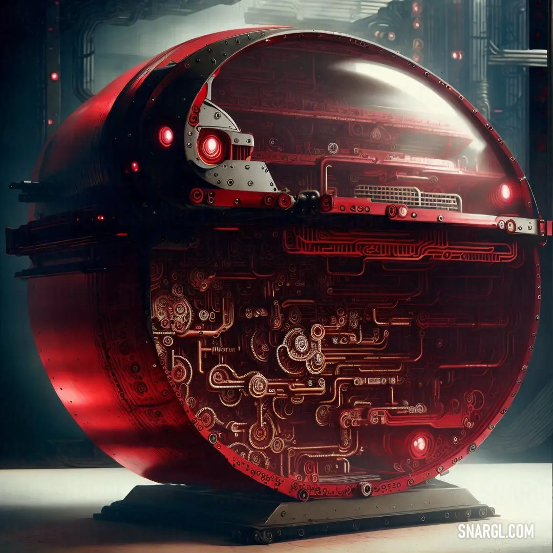 American rose color example: Futuristic red object with a large metal structure with red lights on it's sides and a large metal object