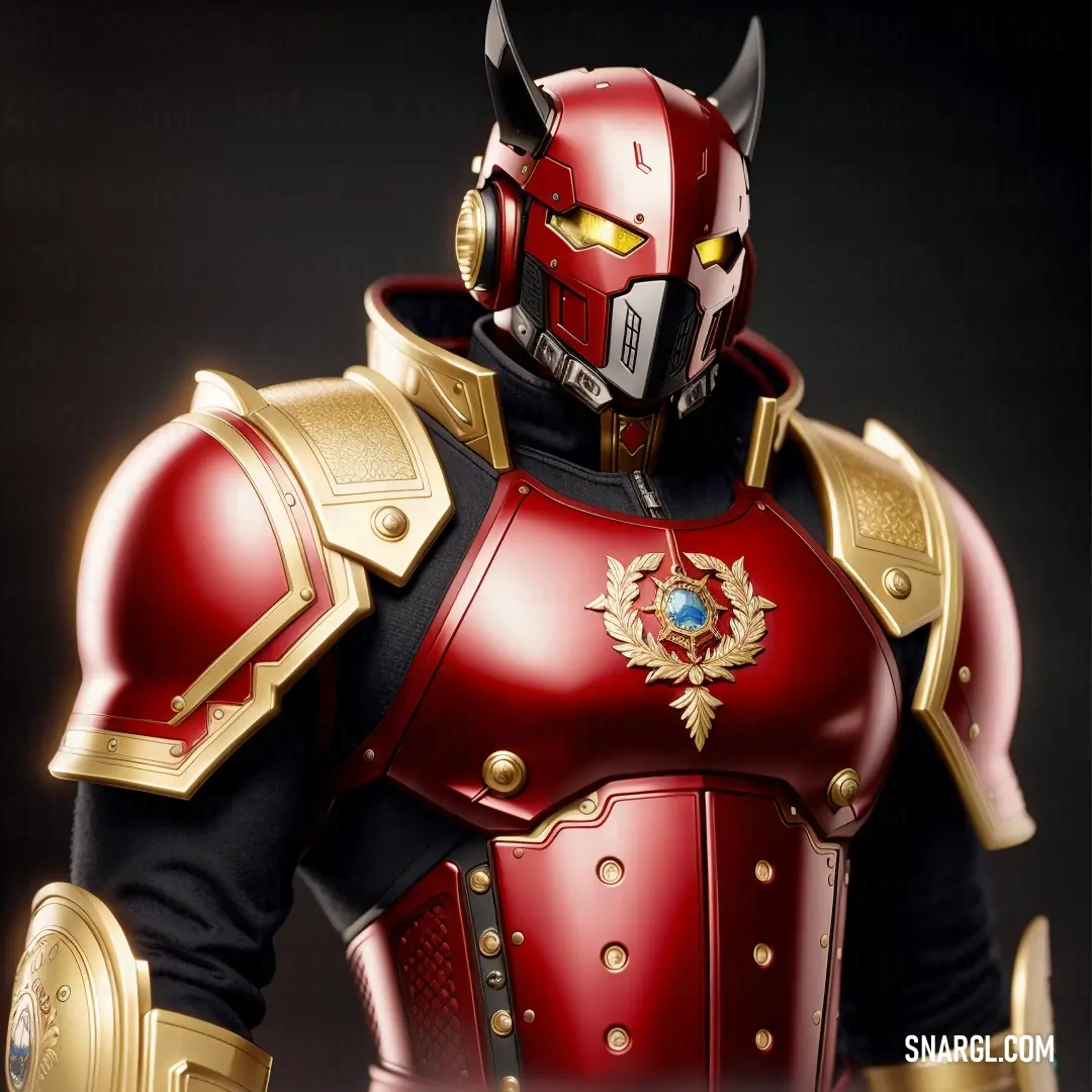 Man in a red and gold armor with horns on his head. Color #FF033E.