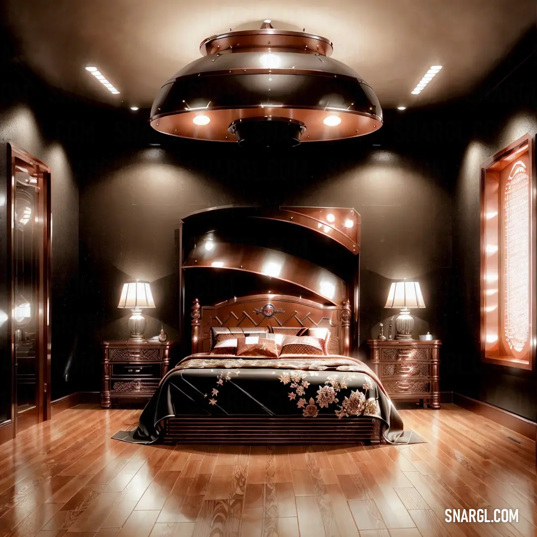 Bedroom with a bed and a mirror on the wall and a lamp on the ceiling above it and a mirror on the wall