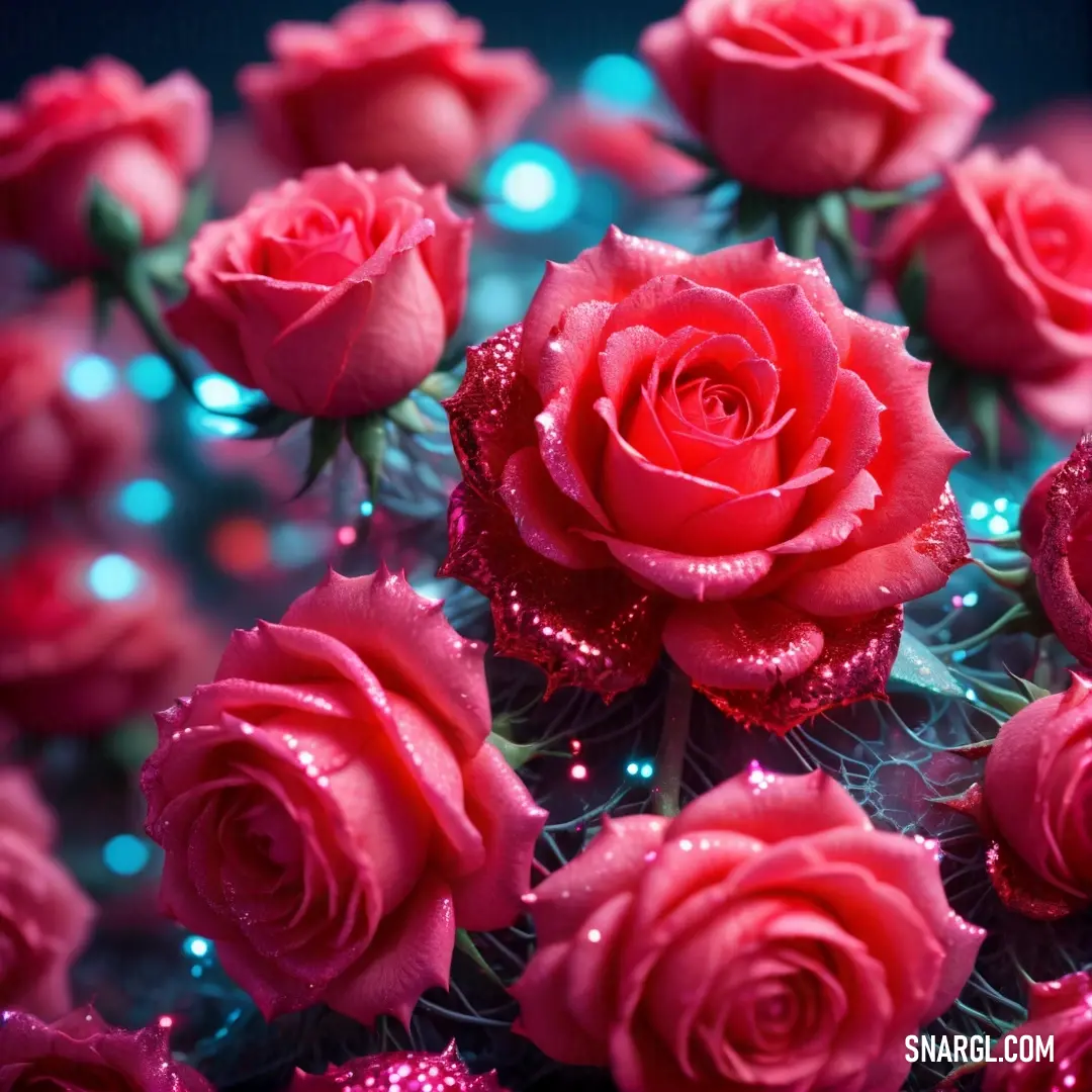 Bunch of pink roses with water droplets on them and a blue background. Example of CMYK 0,99,76,0 color.