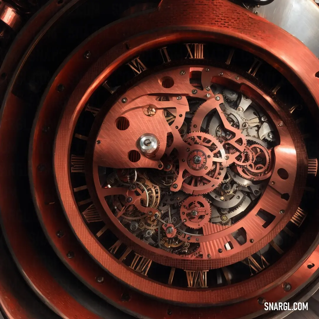 Close up of a clock with a red face and gears on it's face