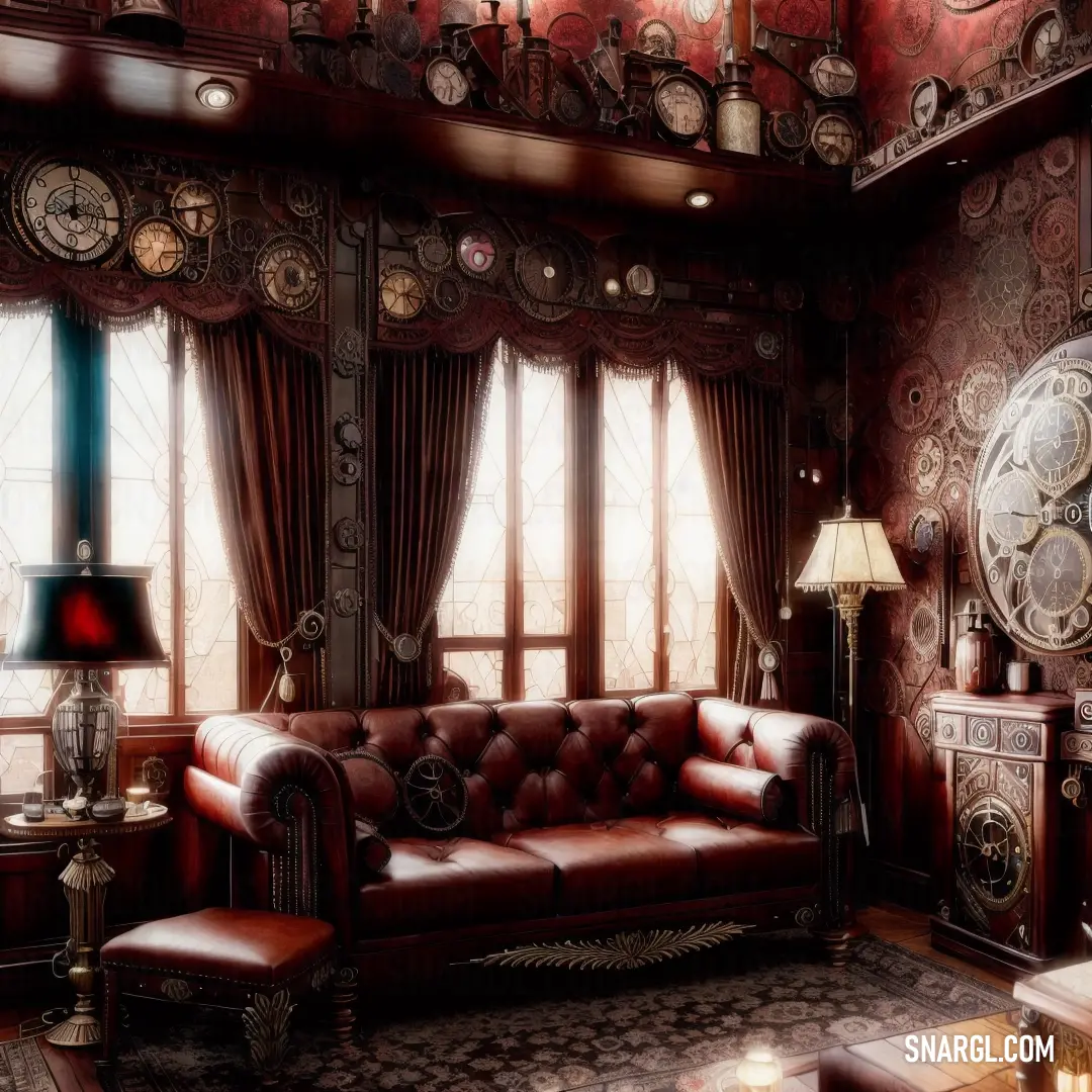 Living room with a couch and a clock on the wall above it and a lamp on the floor