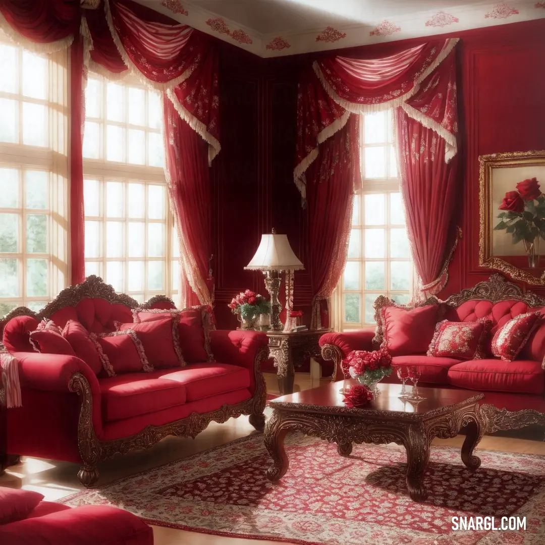 Living room with red furniture and curtains on the windowsills and a rug on the floor and a table with flowers