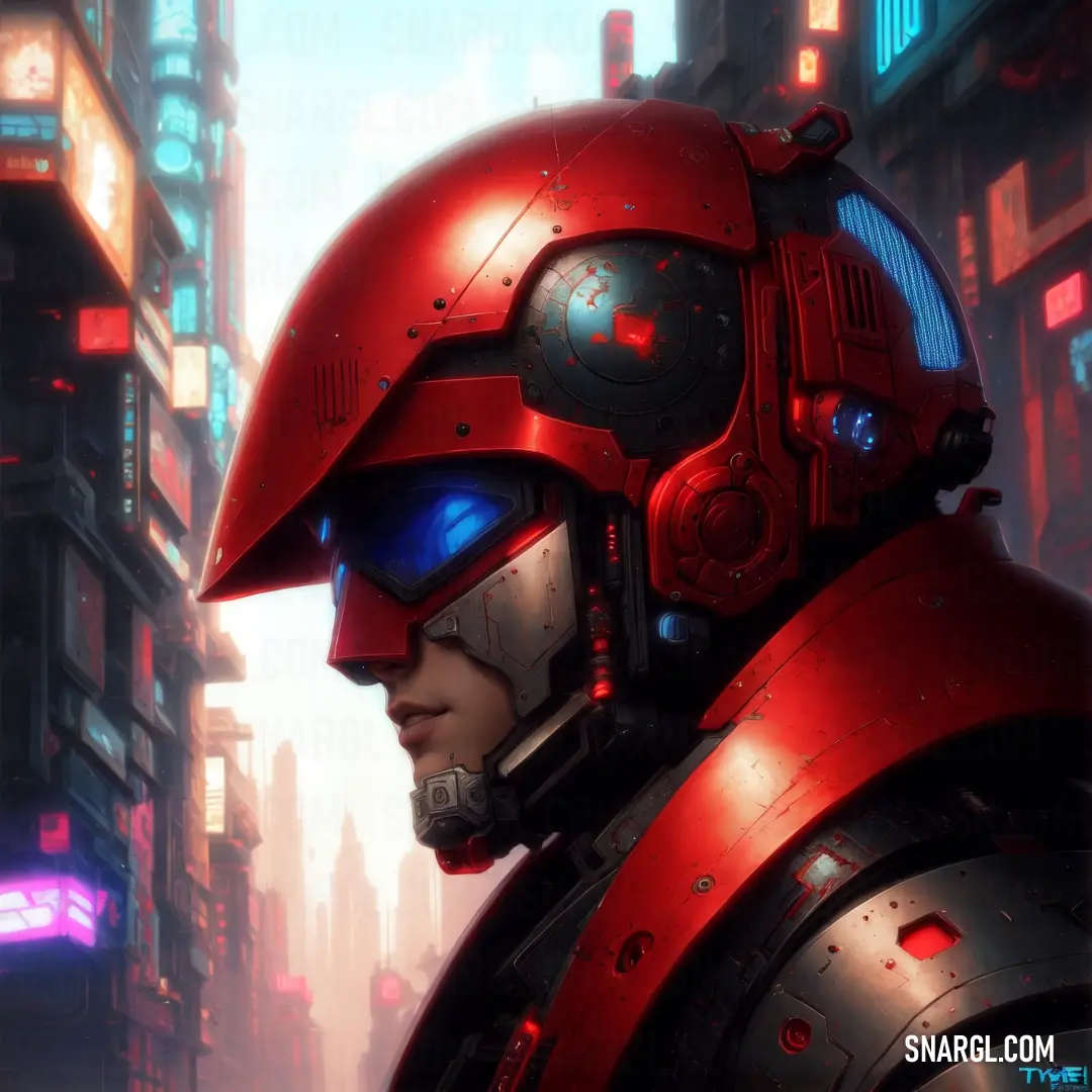 Man in a red helmet and futuristic cityscape in the background. Example of CMYK 0,99,76,0 color.