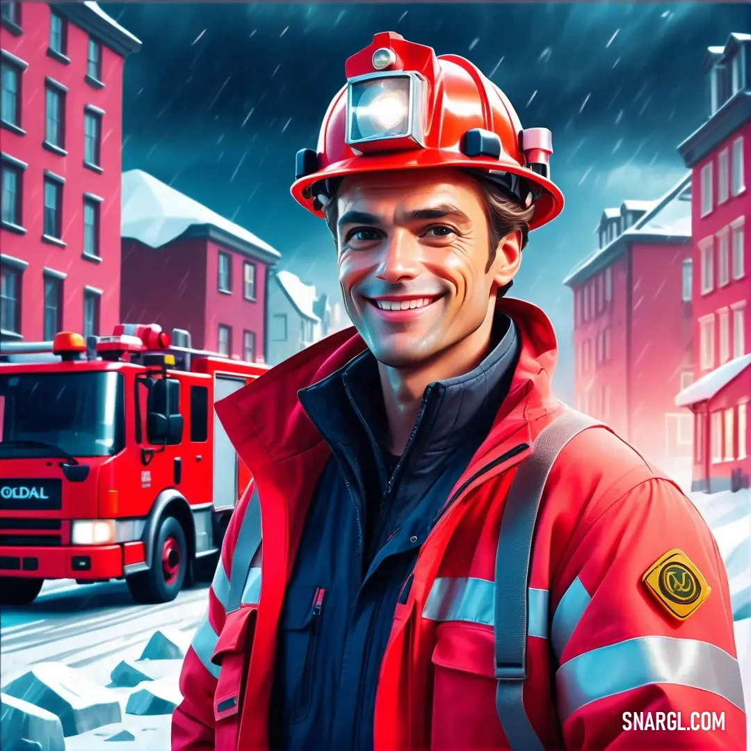Man in a red jacket and a fireman hat standing in front of a red fire truck in the snow. Color #FF033E.