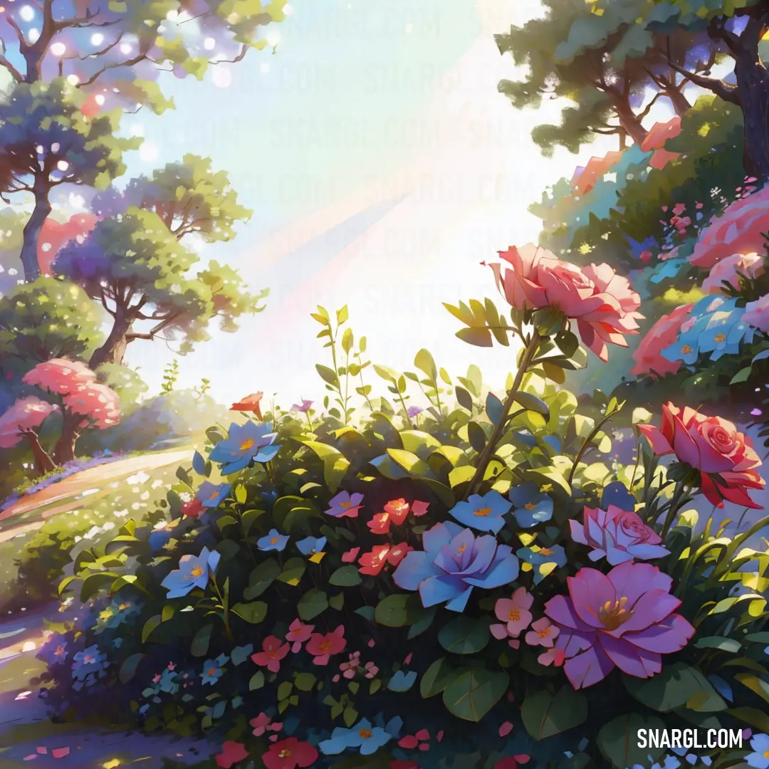 Painting of a flower garden with pink and blue flowers in the foreground and a path leading to a park