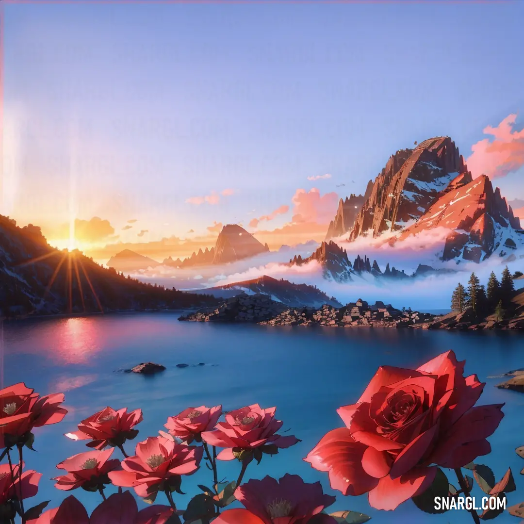 Painting of a mountain lake with red flowers in the foreground