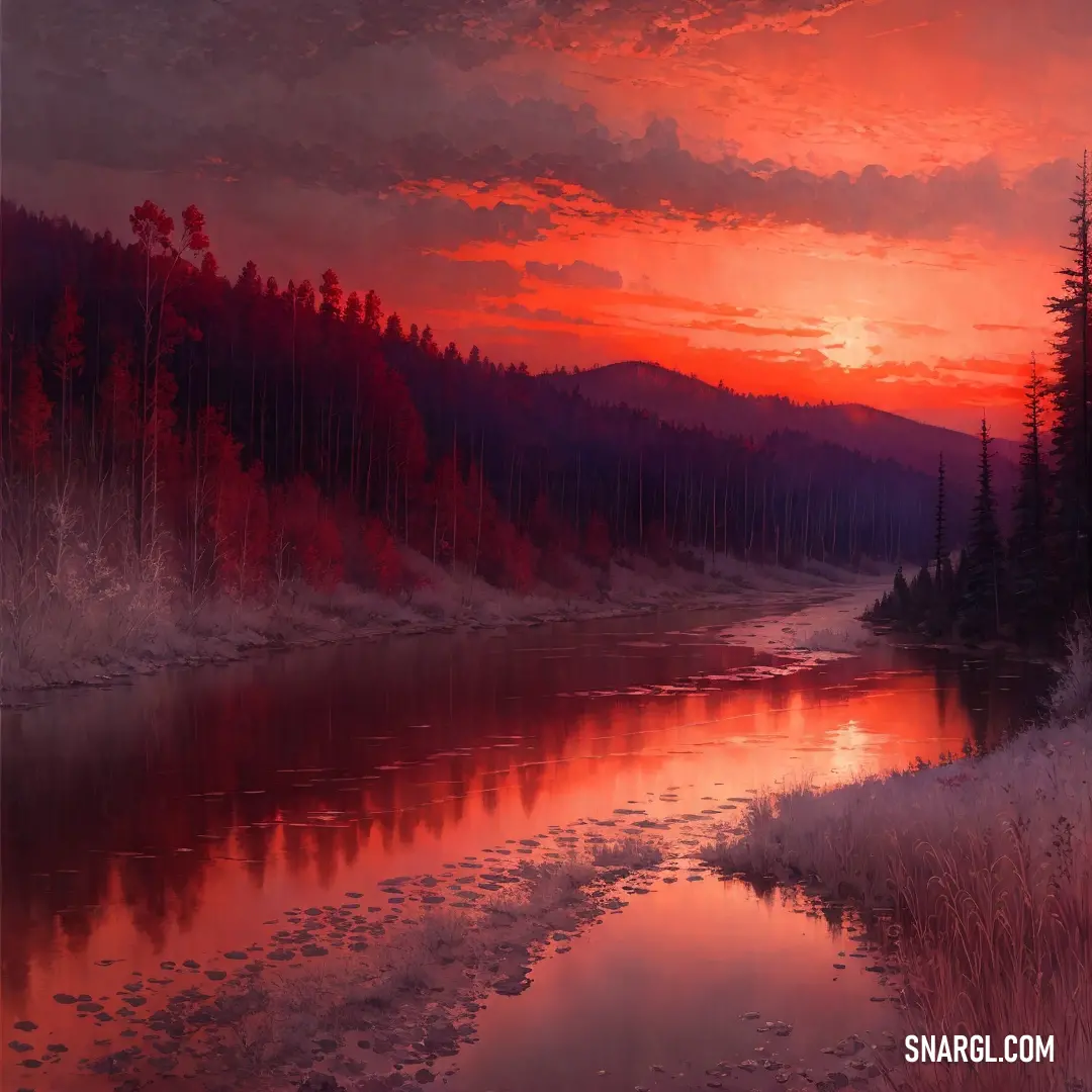 Painting of a sunset over a river with trees and snow on the ground and a red sky with clouds