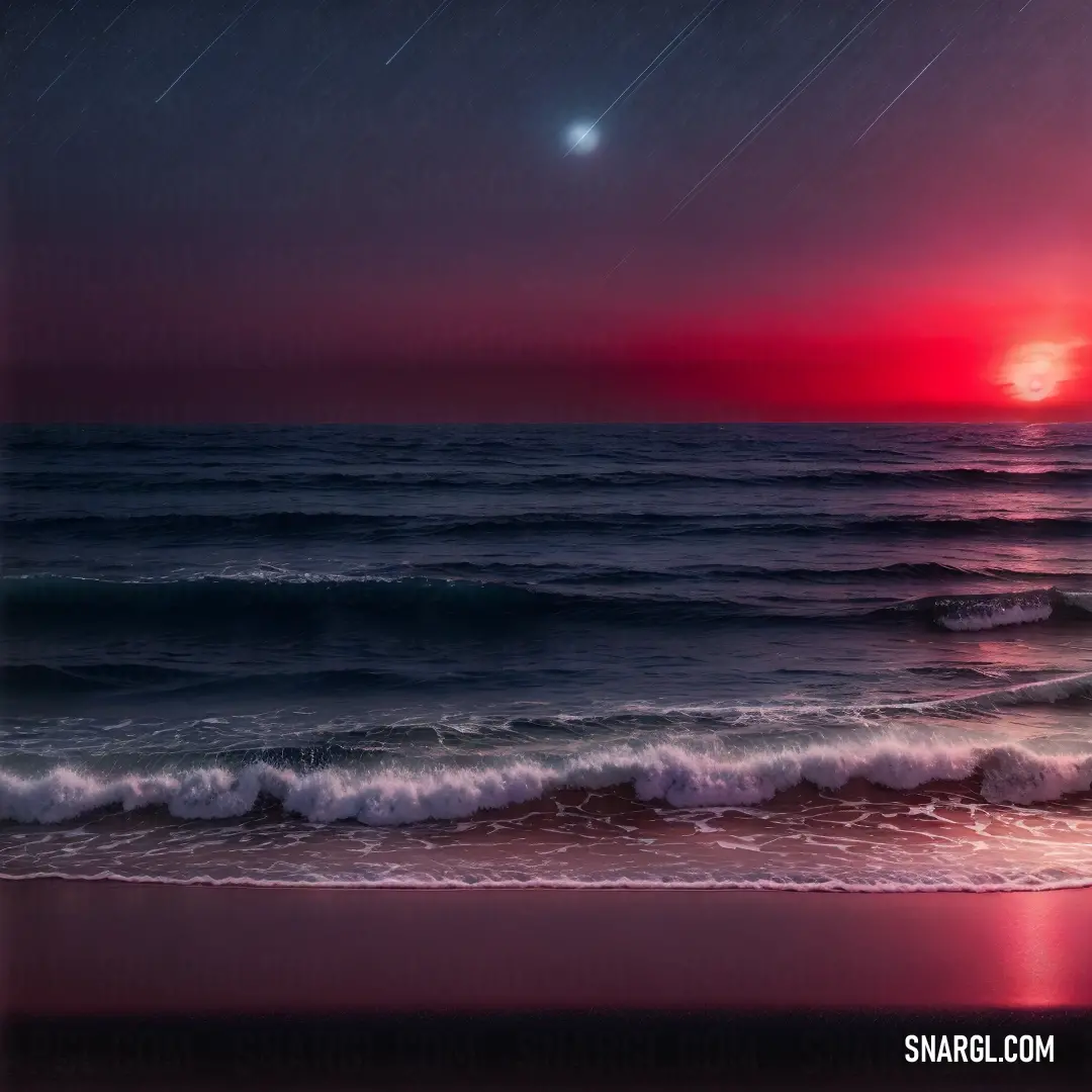 Painting of a sunset over the ocean with a star in the sky above it and a red