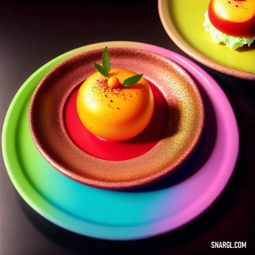 Plate with a tomato on it and a plate with a small tomato on it on a table with a black background. Example of RGB 255,3,62 color.