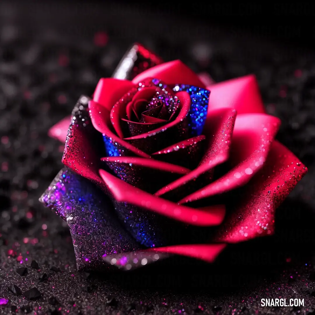 Red rose with a blue center on a black surface with water droplets on it