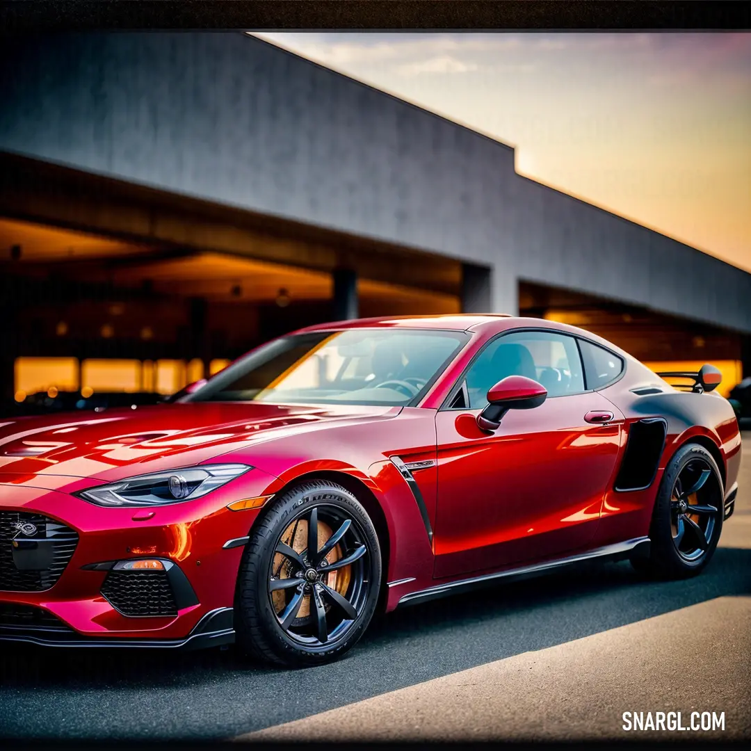 Red sports car parked in front of a building at sunset or dawn with a person standing next to it. Color CMYK 0,99,76,0.