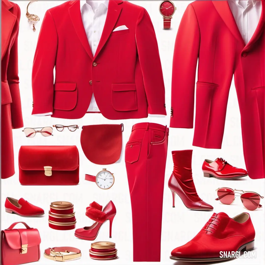 Red suit and shoes are arranged in a collage of images. Color CMYK 0,99,76,0.