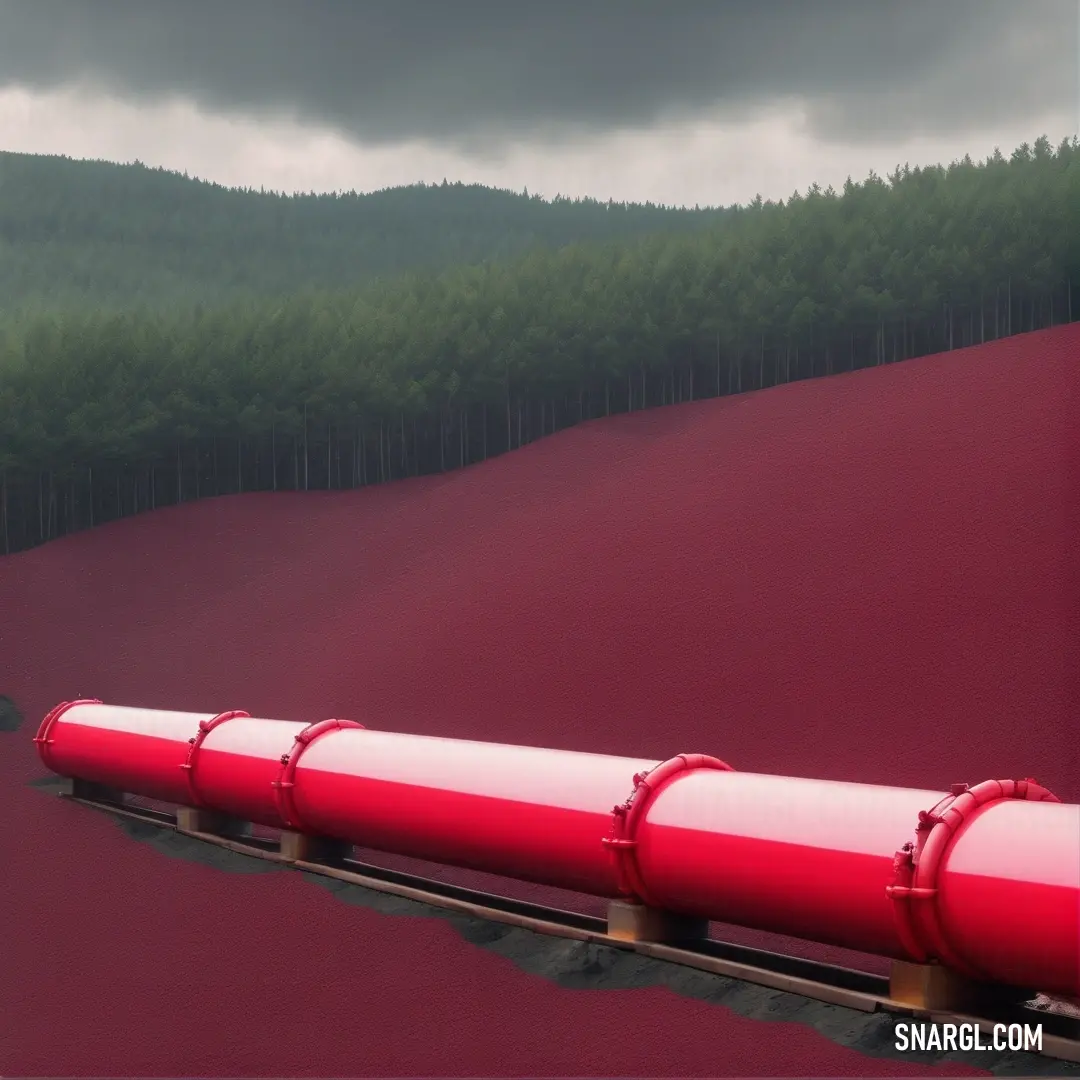 Red train traveling past a forest covered hillside under a cloudy sky with trees in the background. Example of CMYK 0,99,76,0 color.