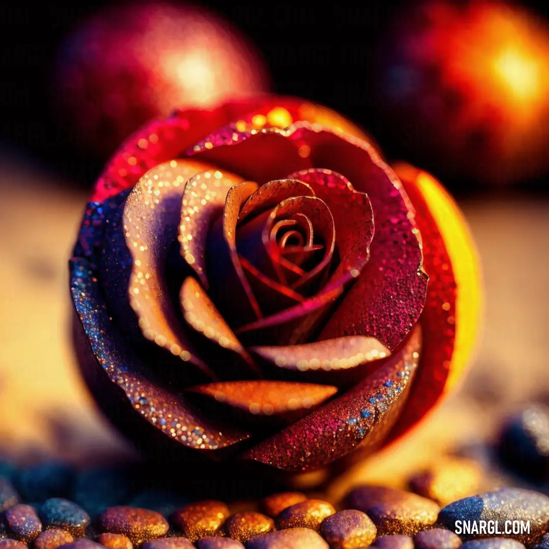 Rose that is on some rocks and pebbles on the ground with other ornaments in the background and a few balls