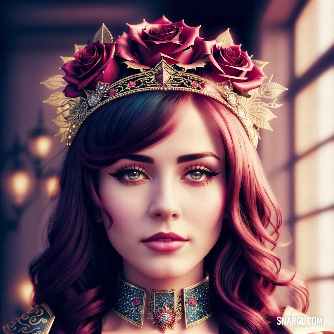 Woman with a crown on her head and a rose on her headband