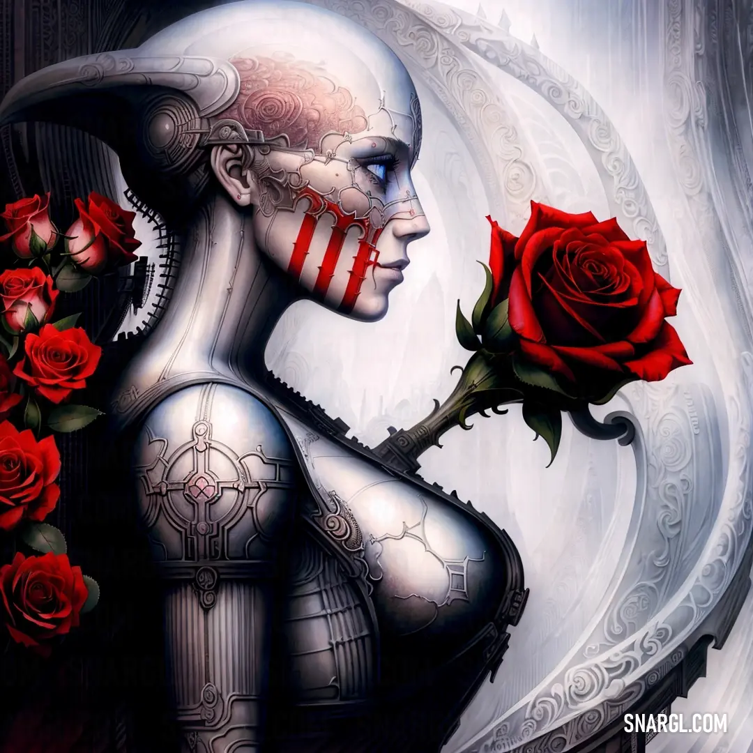 Woman with a red rose in her hand and a skeleton face painted on her face and body