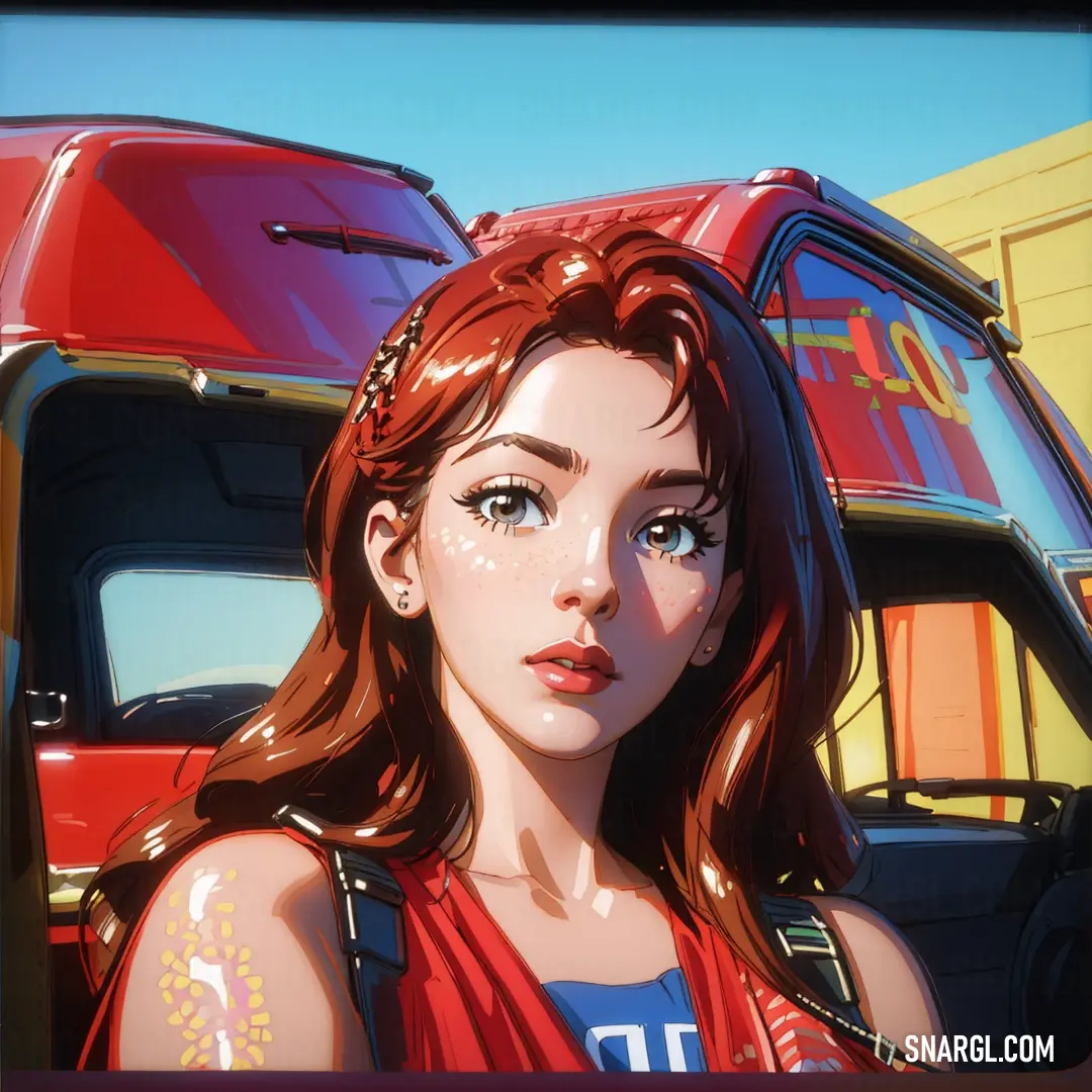 Woman with red hair and a red top standing in front of a red bus with a blue sky in the background