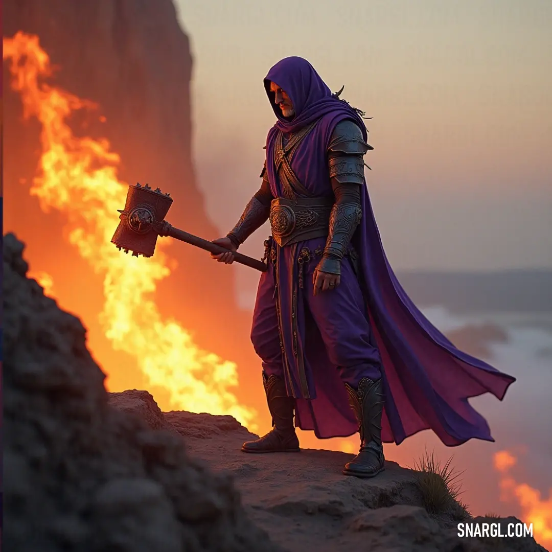 A figure in a dramatic purple outfit stands on a rocky outcrop, bold and resolute, a hammer in hand, with a formidable mountain landscape in the distance. Adorned in a vibrant purple outfit, a figure confidently holds a hammer while perched on a rugged rock near a vivid fire pit, with towering mountains framing the awe-inspiring backdrop.