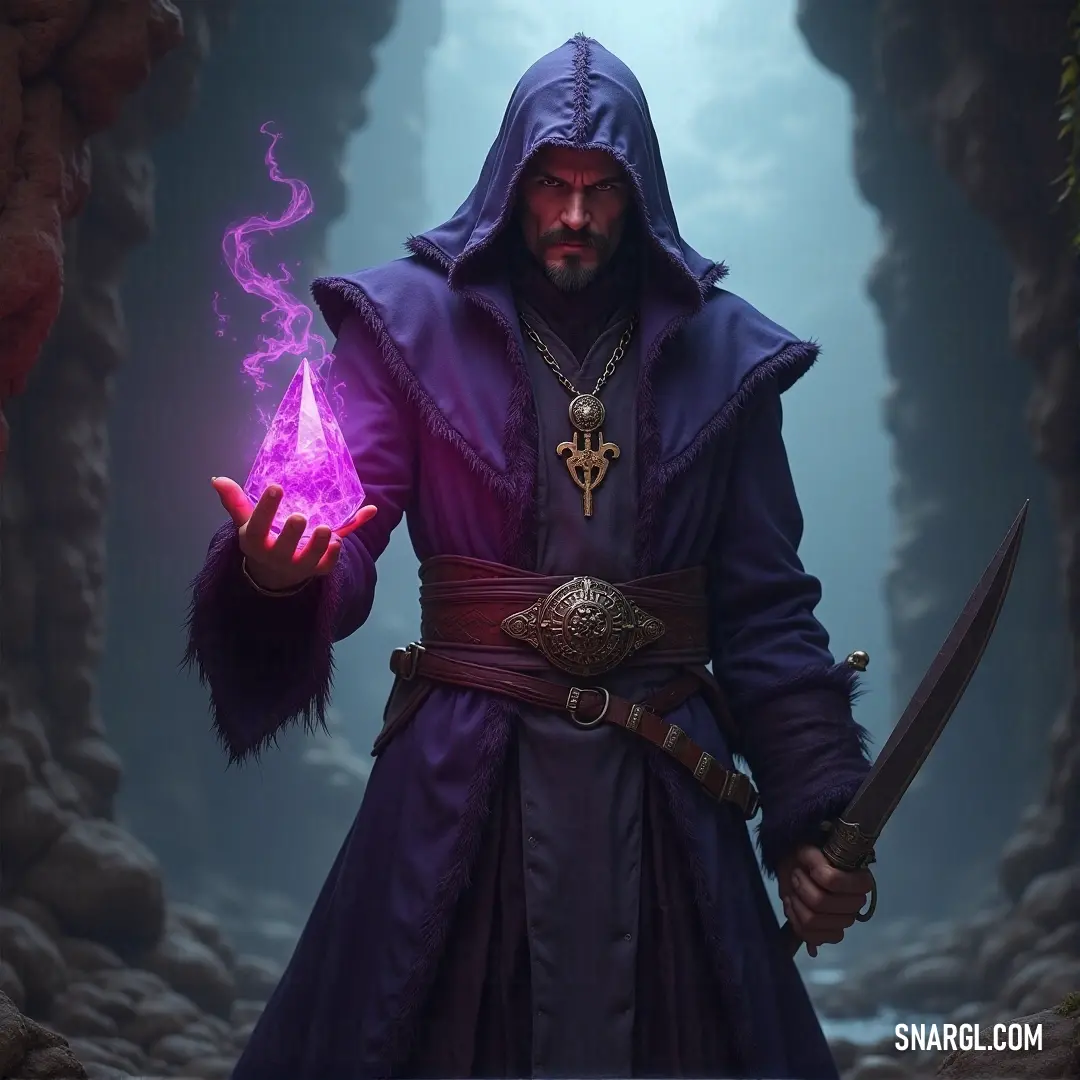 Draped in purple, a figure holds a glowing object, their mysterious aura radiating with otherworldly power as light dances around them. A figure clad in a deep purple robe holds a shimmering purple object, their presence regal and mysterious. The ambient light reflects off the object, casting ethereal glows around the scene.