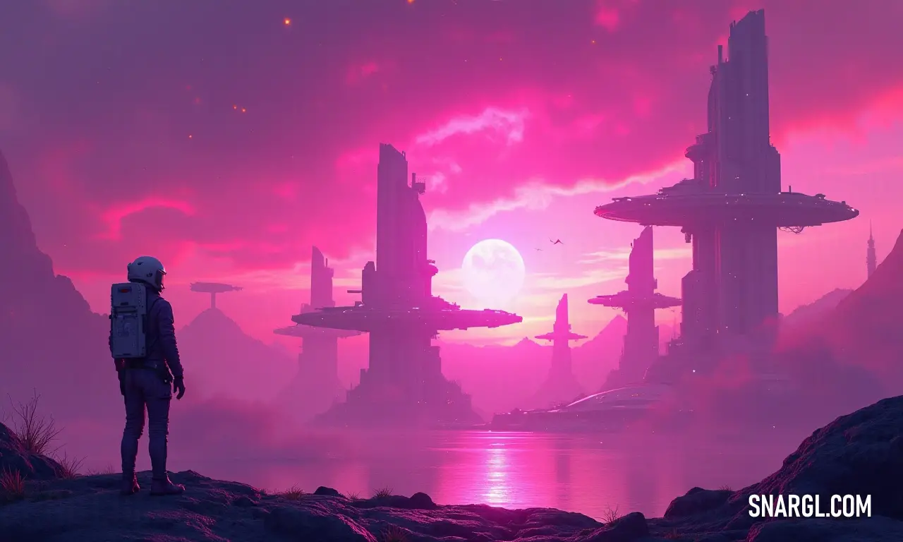 Man admiring a futuristic cityscape against a spectacular pink sky A solitary man gazes in awe at a futuristic city sprawled out before him, as vibrant pink skies electrify the horizon, blending the beauty of nature with the marvels of civilization, merging dreams and reality in a breathtaking vista.