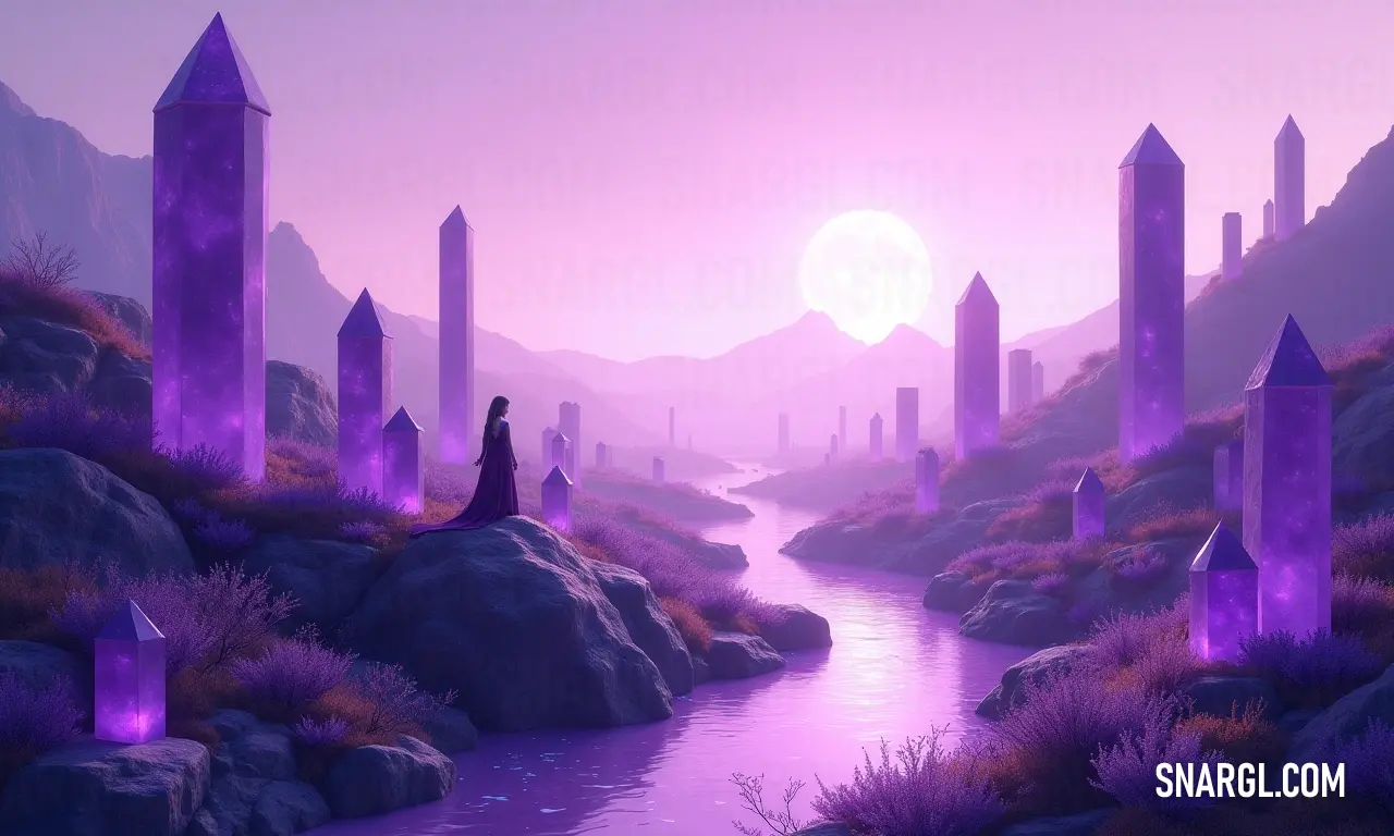 Ethereal woman by a river against a surreal purple landscape and city A woman elegantly balances on a rocky outcrop beside a flowing river, enveloped by a dreamlike landscape of purples and soft hues. Behind her, a shimmering cityscape rises, blending the wild beauty of nature with urban charm.