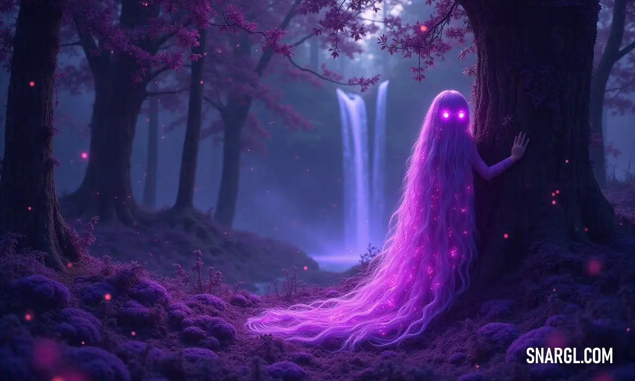 Enchanting woman by a waterfall in a mystical forest In a mystical forest, a woman with flowing hair stands gracefully beside a glistening waterfall, her eyes glowing mysteriously as she connects with the magic of nature, embodying the spirit of wild enchantment within the woods.