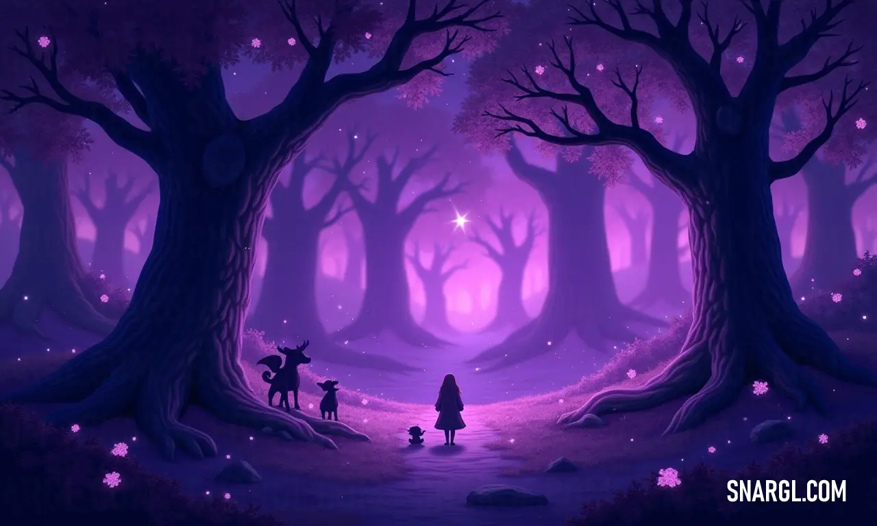 A whimsical forest path invites a girl and her dog to explore, illuminated by enchanting purple light in a dreamlike setting. A whimsical painting depicts a magical forest bathed in warm purple light, where a little girl and her playful dog wander joyfully along a winding path, surrounded by towering trees and blooming flora.