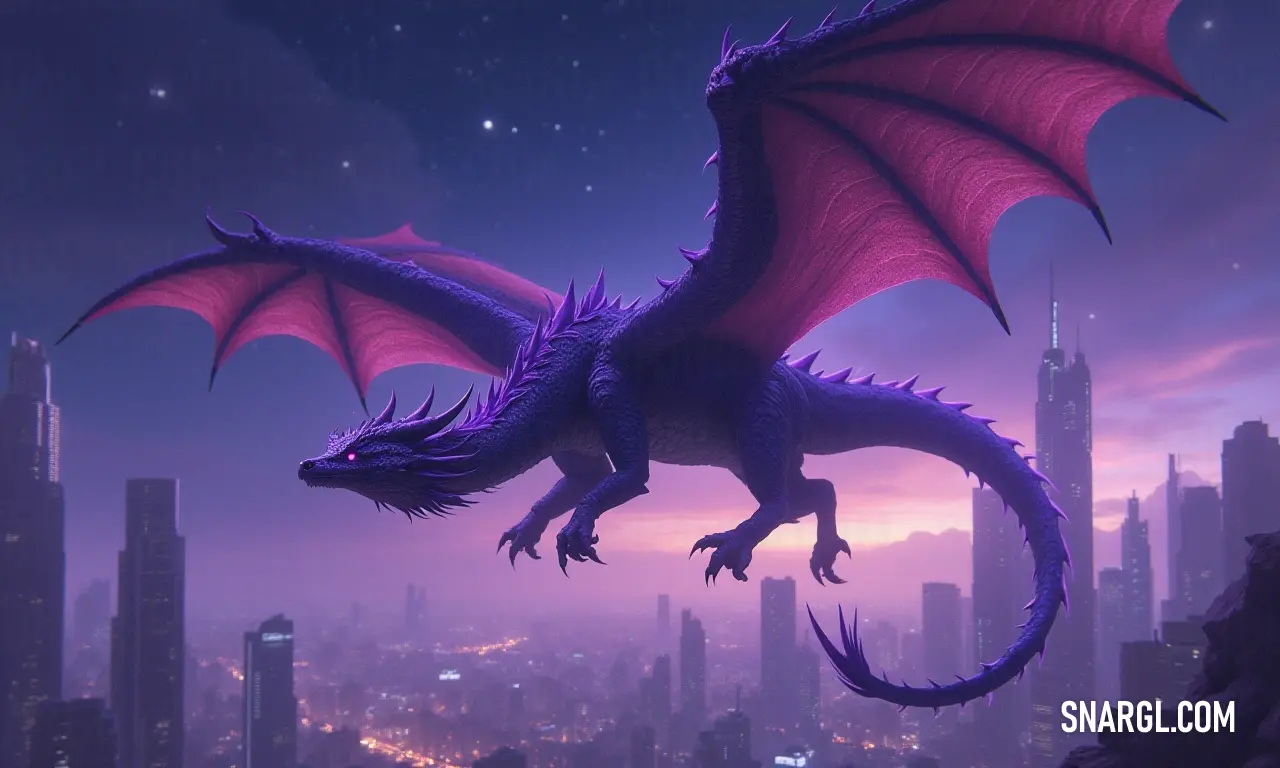 A majestic purple dragon elegantly glides above a vibrant cityscape, its wings catching the ethereal glow of the night sky, creating a scene that intertwines fantasy with the heartbeat of urban life, urging dreams to take flight. A stunning purple dragon soars gracefully over a bustling city, its wings spread wide against a night sky filled with vibrant purple hues, captivating onlookers and bringing an air of fantasy to the urban setting below.
