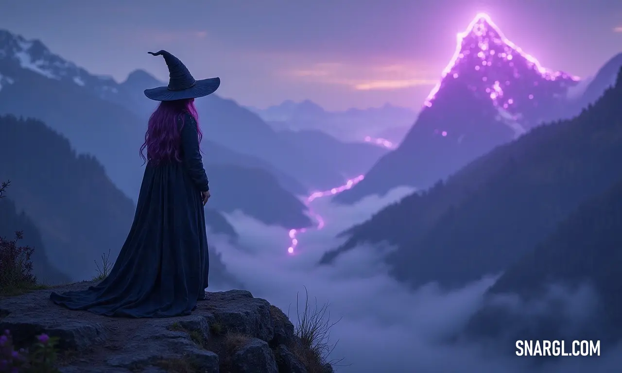 A mysterious figure in a witches hat overlooks majestic mountains beneath a captivating purple sky, hinting at fantastical tales. A woman wearing a tall, black witches hat gazes across a vast mountain range, her silhouette framed against a captivating purple-hued sky that suggests the onset of twilight and whispers of magic in the air.