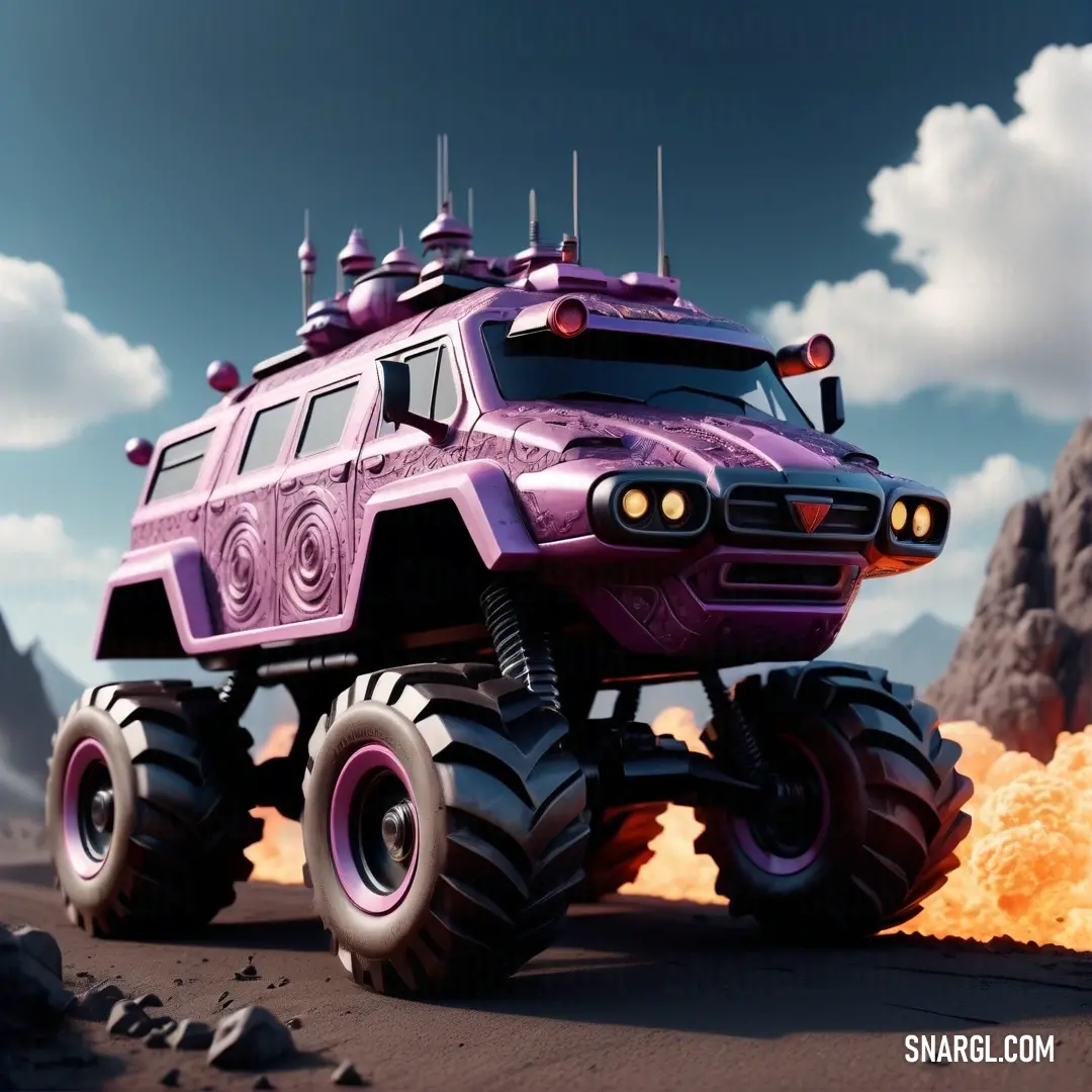Pink monster truck with big wheels on a desert road with rocks and a mountain in the background. Color RGB 153,102,204.