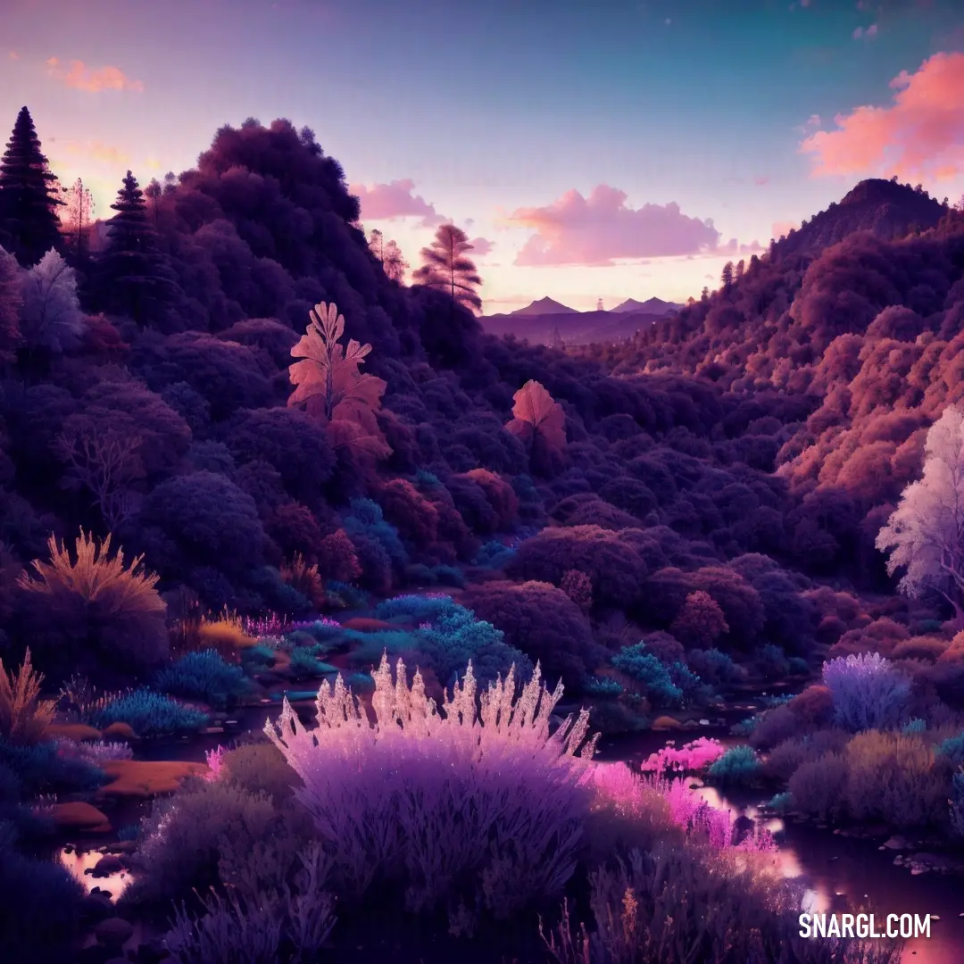 Amethyst color. Beautiful landscape with a river and trees in the background at sunset or dawn with a pink sky and clouds