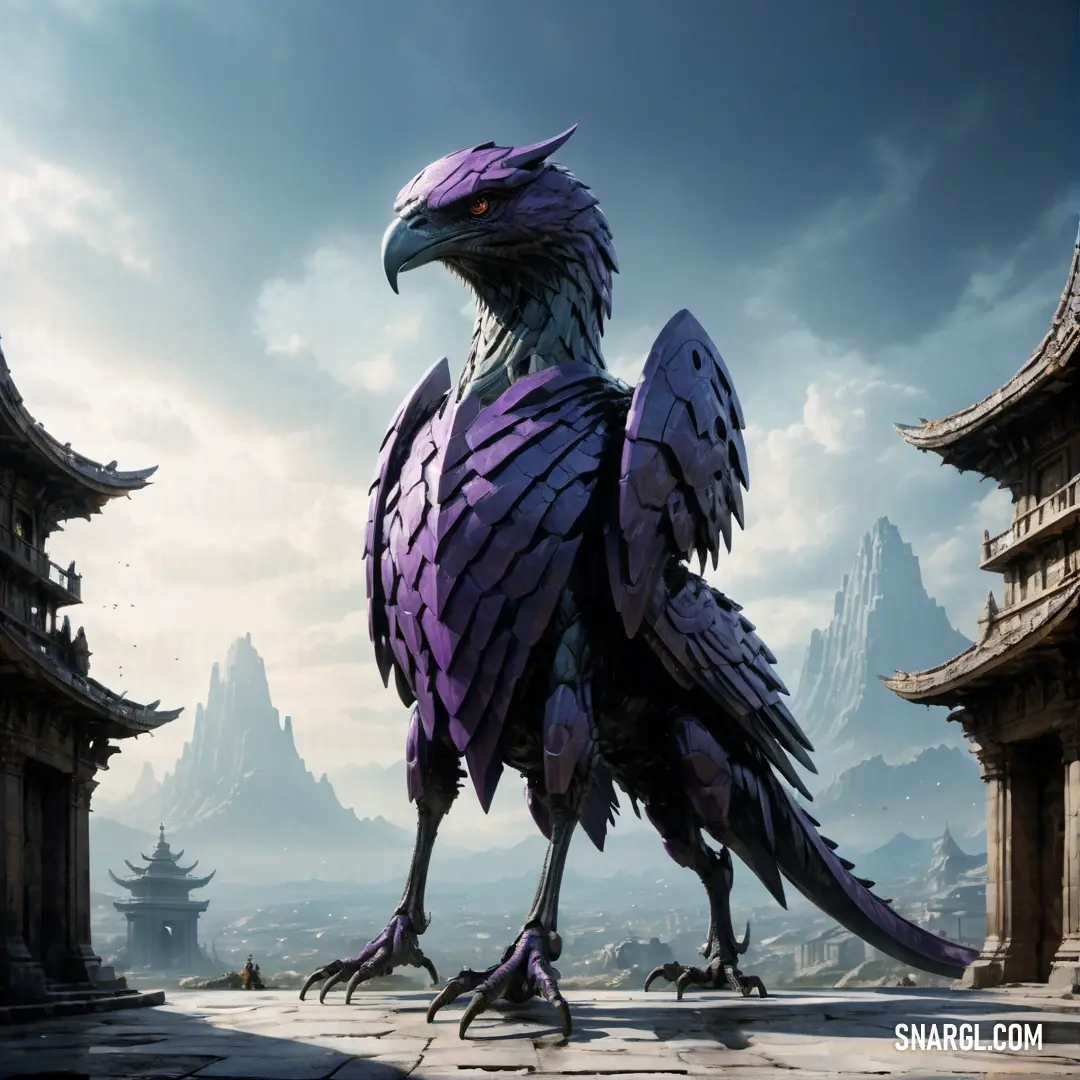 Amethyst color example: Bird with purple feathers standing in front of a building with a sky background