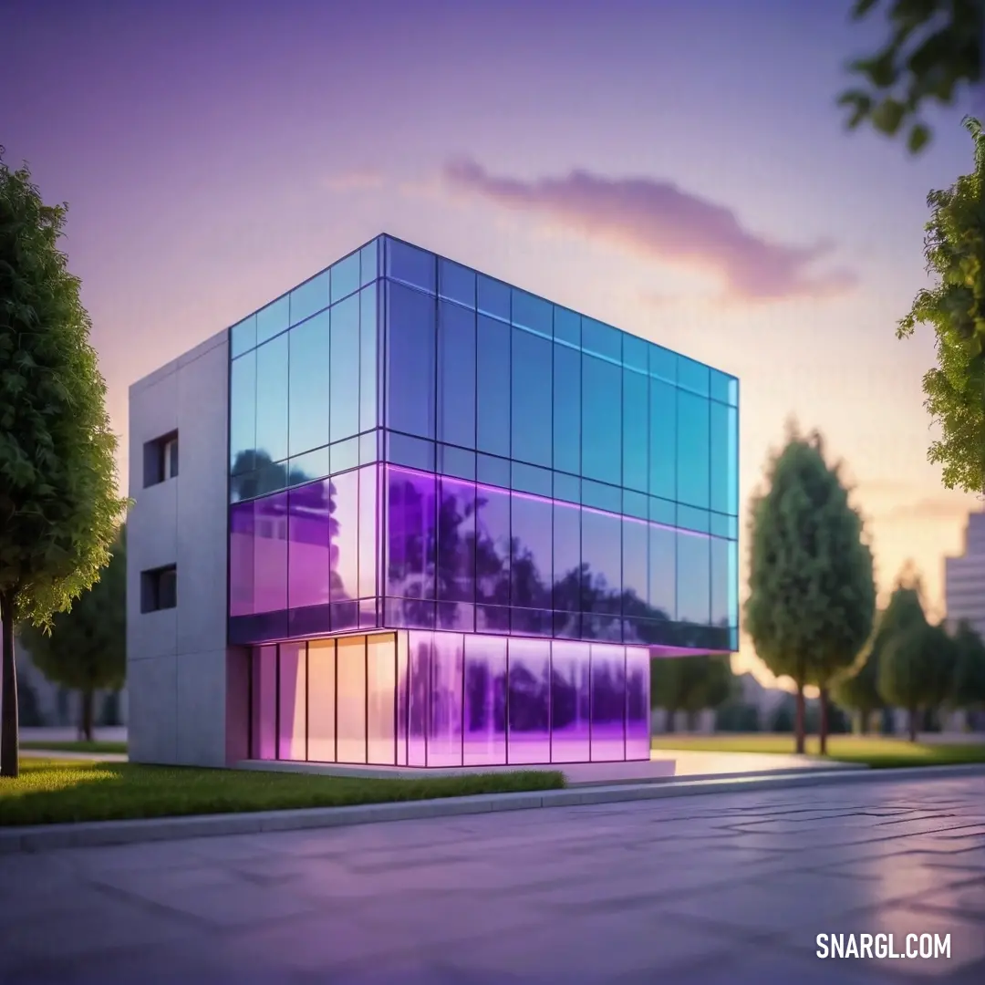 Building with a purple light on it's side and trees in front of it and a street. Color #9966CC.