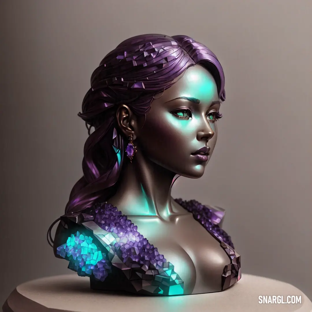 Bust of a woman with purple hair and a purple dress on top of a white pedestal with a green light