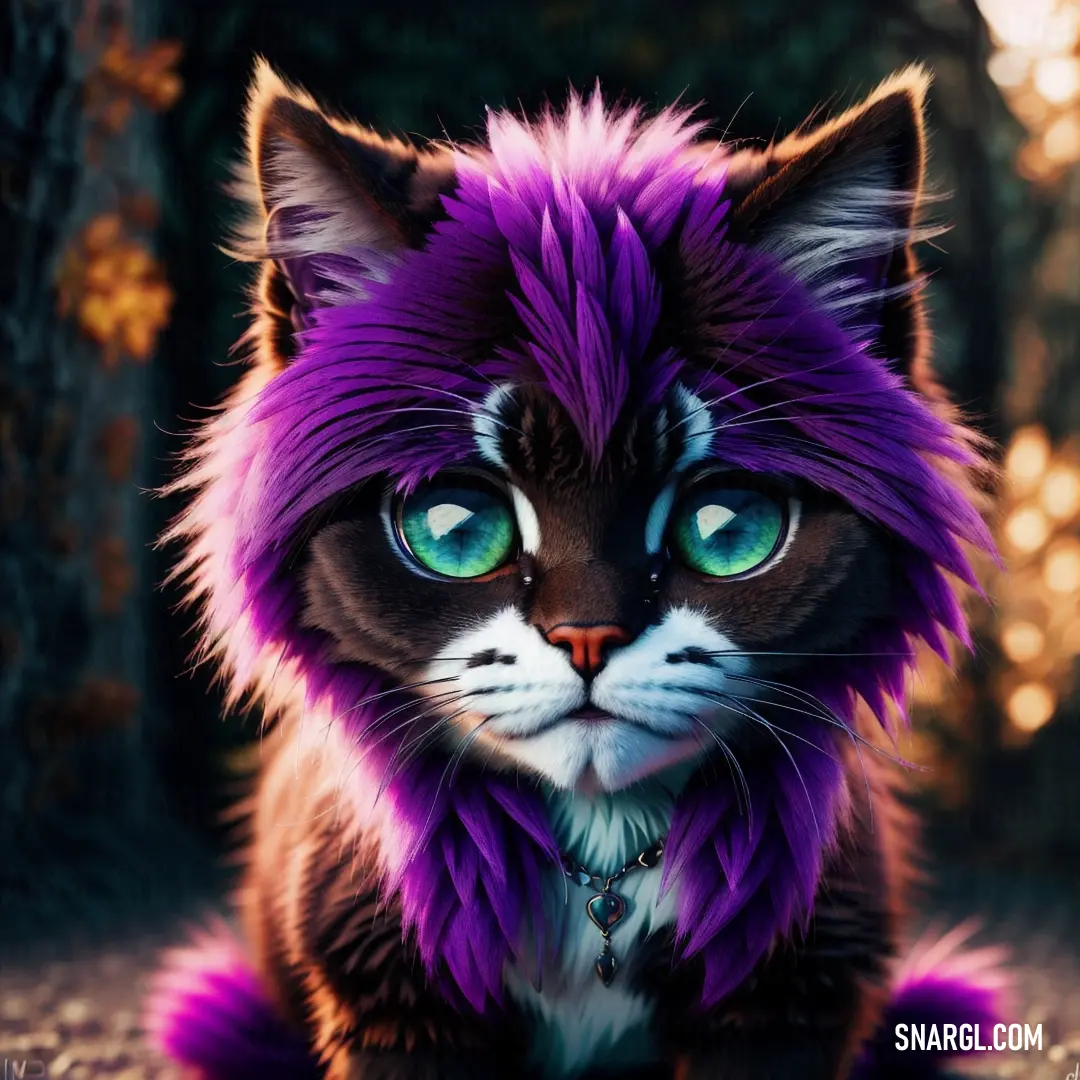 Cat with purple hair and green eyes on the ground in front of a tree with lights in the background