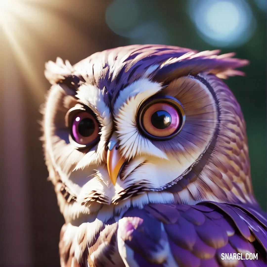 Amethyst color example: Close up of a purple owl with big eyes and a bright light behind it's head and a blurry background