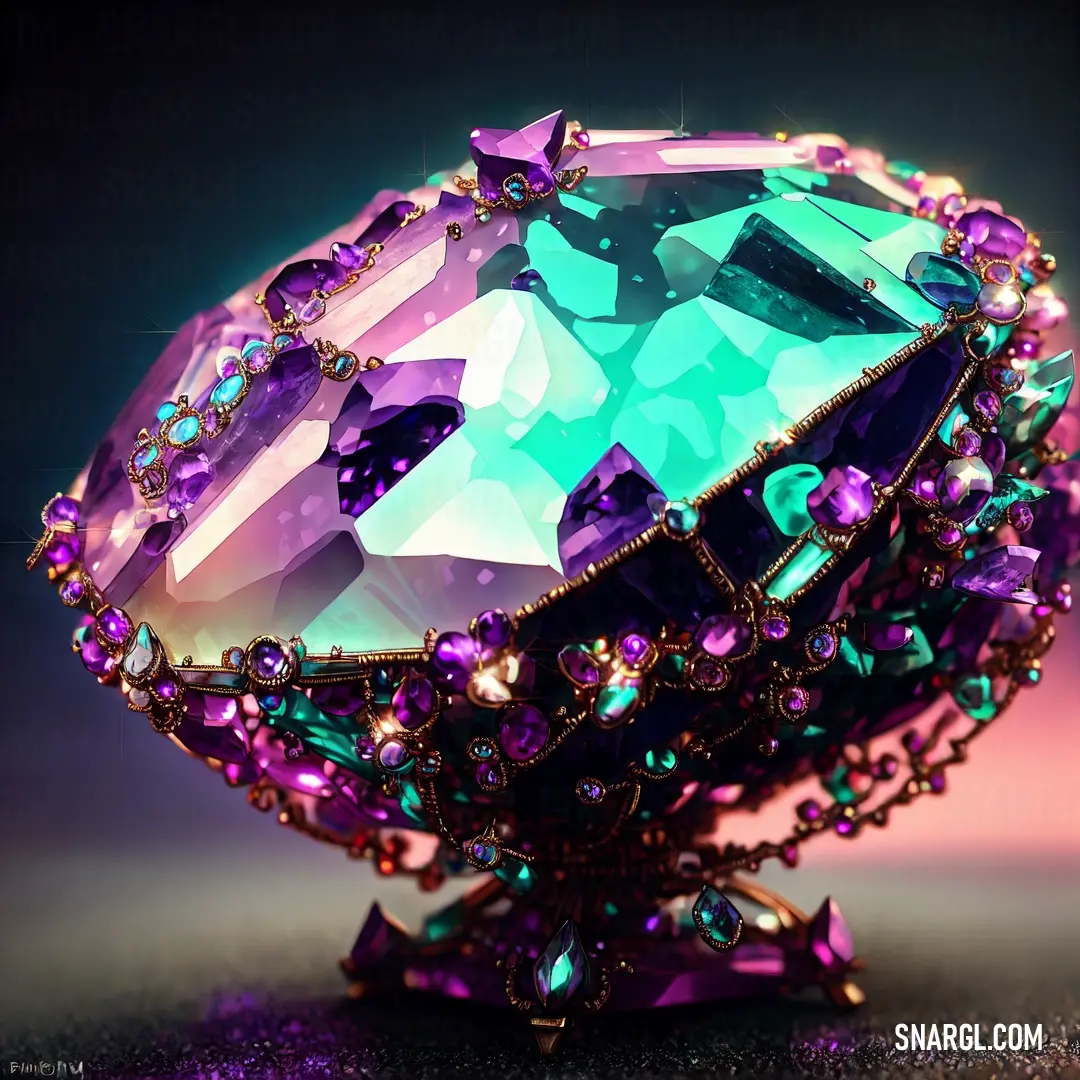 Colorful jewel is on a table top with a black background and a pink and green diamond in the center