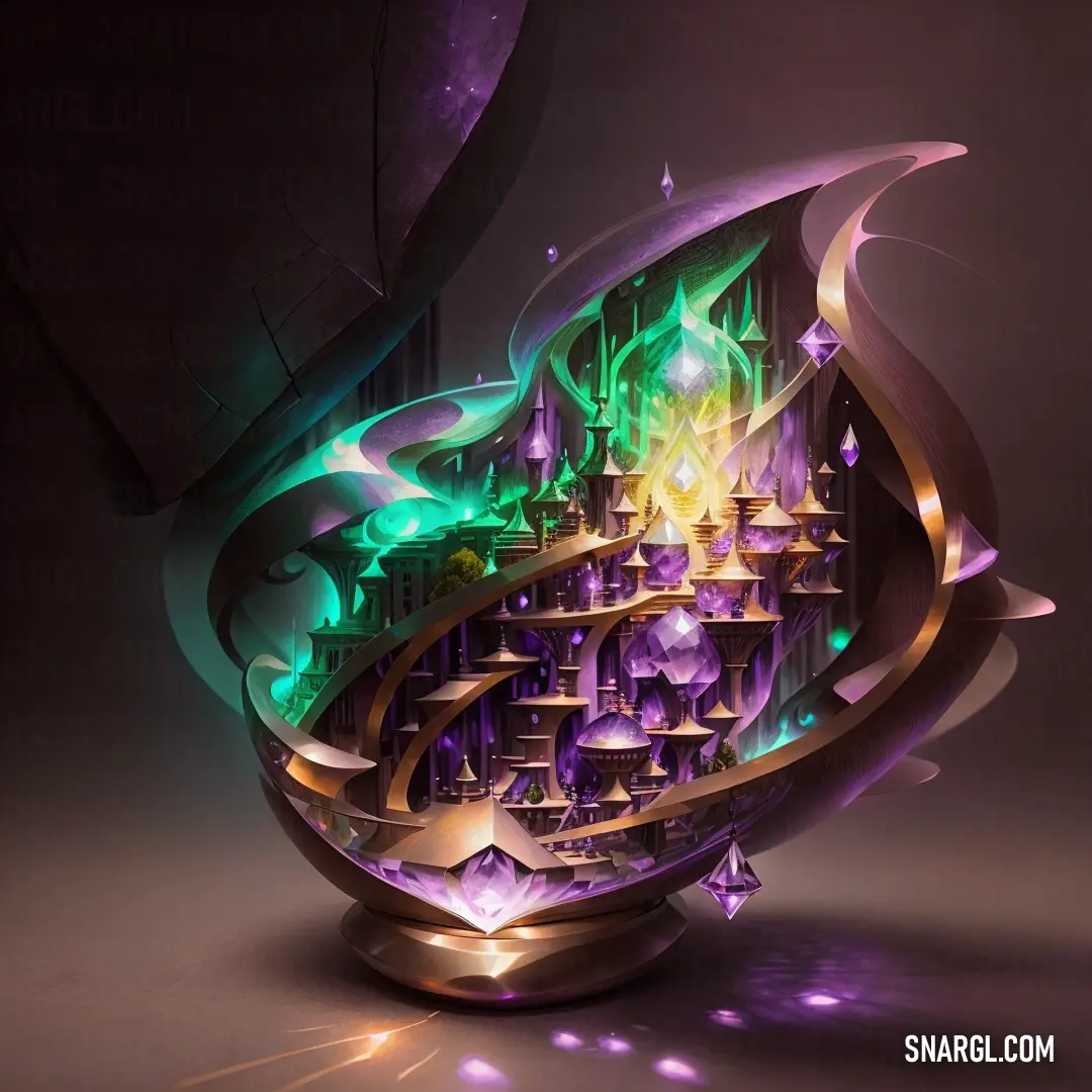 Colorful sculpture is shown on a table top with a light shining on it and a dark background with a pattern of lights