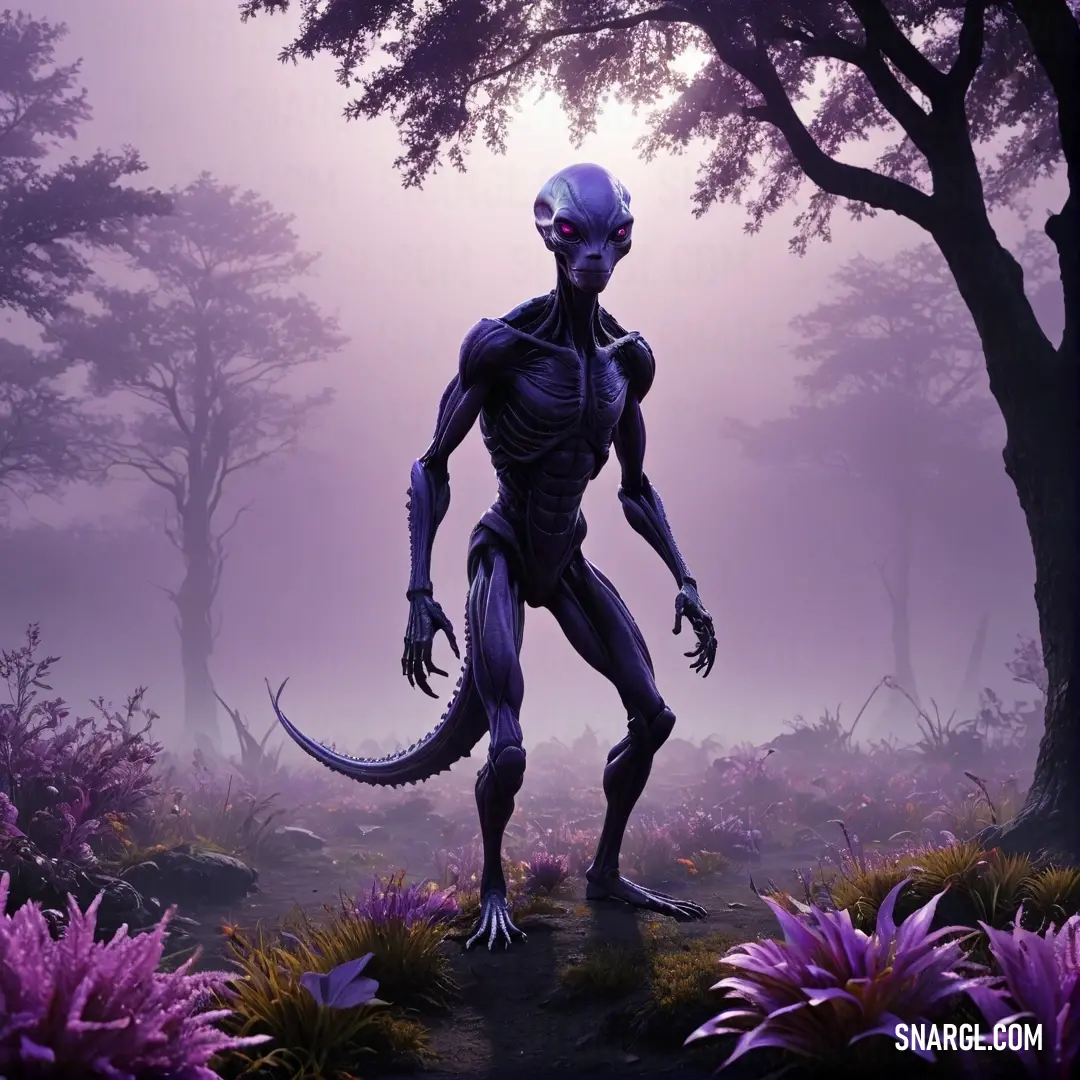 Creepy alien standing in a forest with purple flowers and trees in the background. Example of #9966CC color.