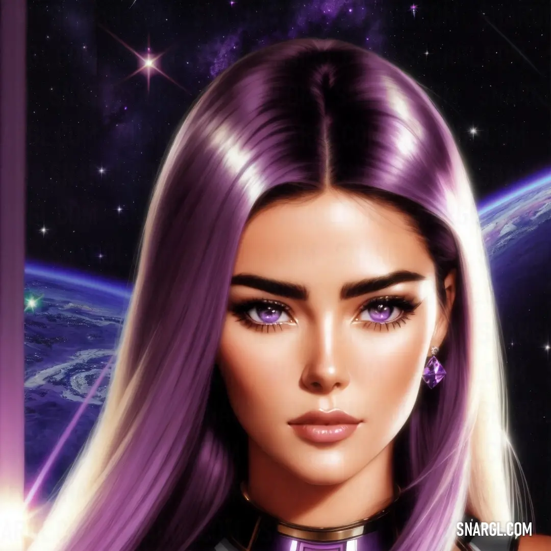 Digital painting of a woman with purple hair and a space background with stars