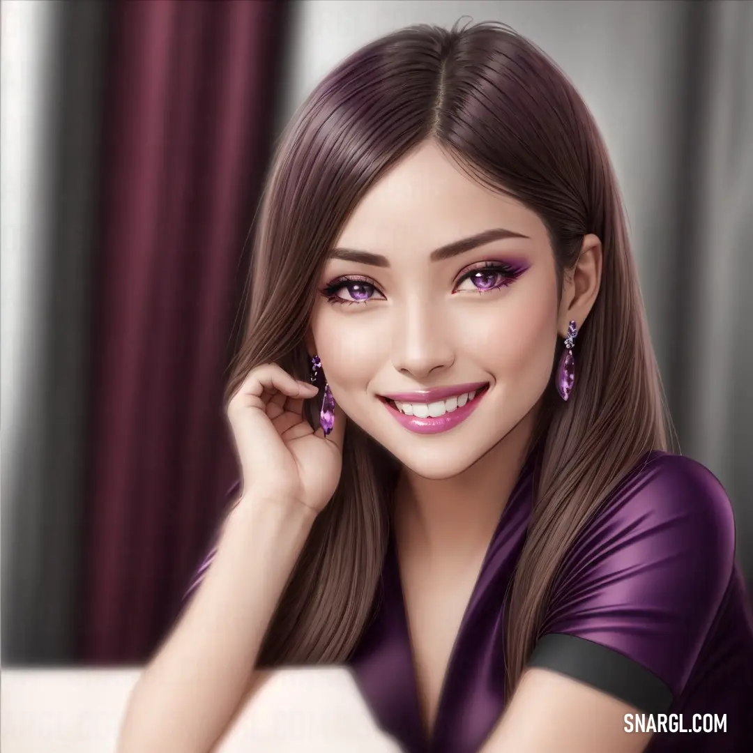 Digital painting of a woman with long hair and purple eyeshades smiling at the camera with her hand on her cheek