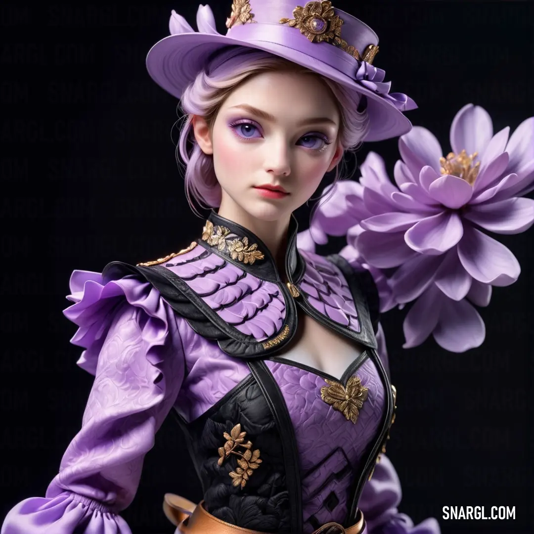 Doll dressed in a purple outfit and hat with flowers in her hair