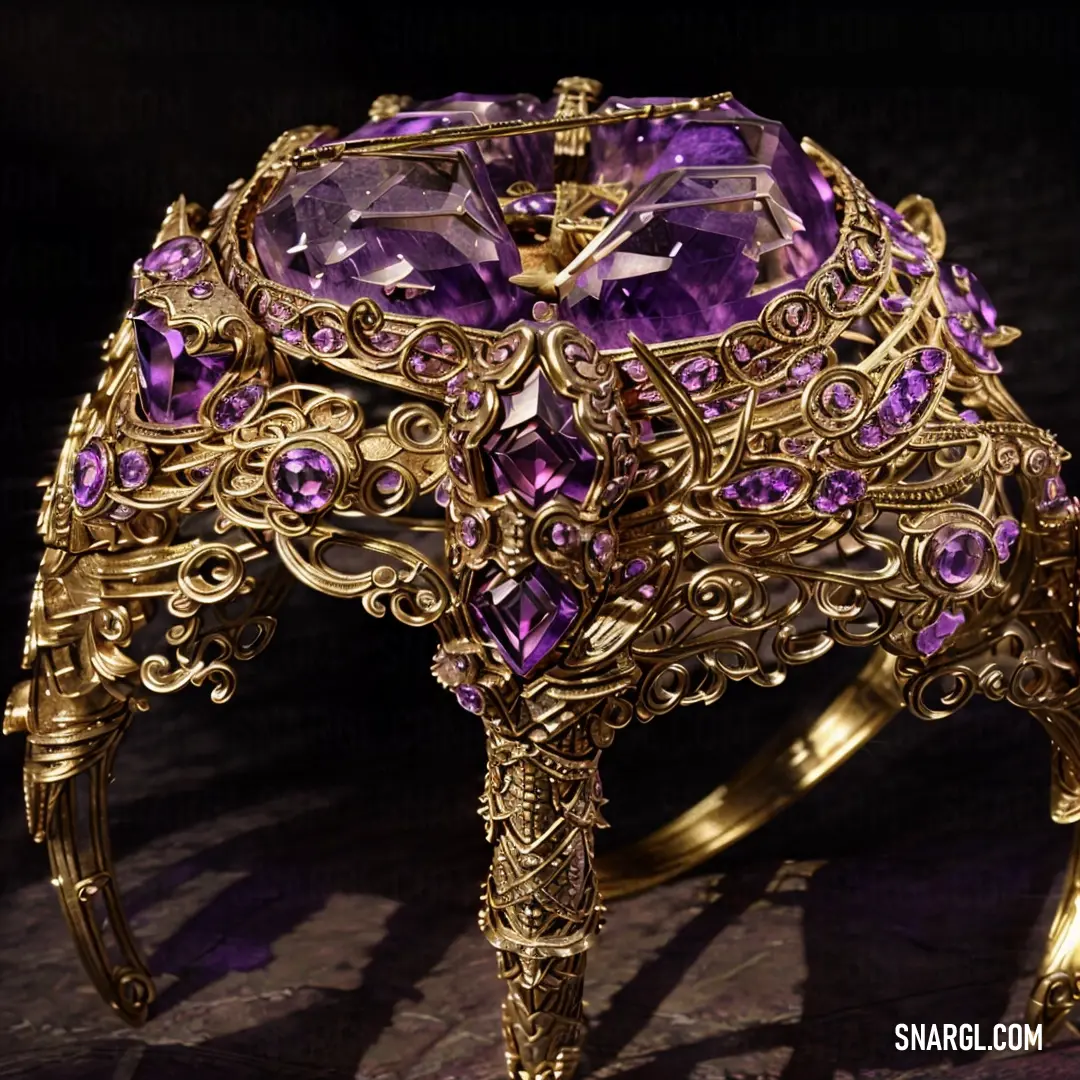 Fancy ring with a purple stone in the center of it and a gold filigreet on the side
